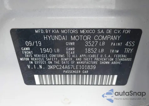 2020 Hyundai Accent Se z USA, uszkodzony, nr VIN 3KPC24A67LE101839